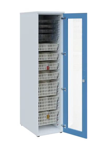 EUROMEDICA S - 46 skříň léková boxová, 1-dveřová/prosklená, pravá, 1950x460x735, korpus bílý, dvířka pastelově modrá